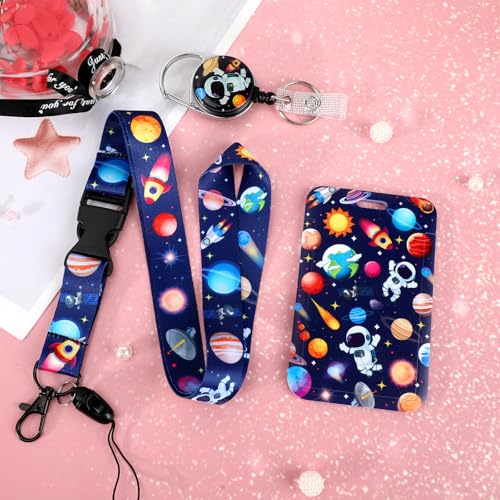 Lanyard with Card Holder, Retractable Badge Reel with Belt Clip for Id Badge Holder Keys Cute Space Planets Astronauts Neck Key Lanyard Detachable for Kids Women Nurses Teacher Student School Supplies - style: Space