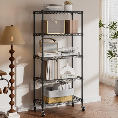 SINGAYE 5 Shelves Storage Wire Shelf Closet Metal Shelving Pantry Wheels - color: Black, size: 5Tier/14"D X 30"W X 70"H