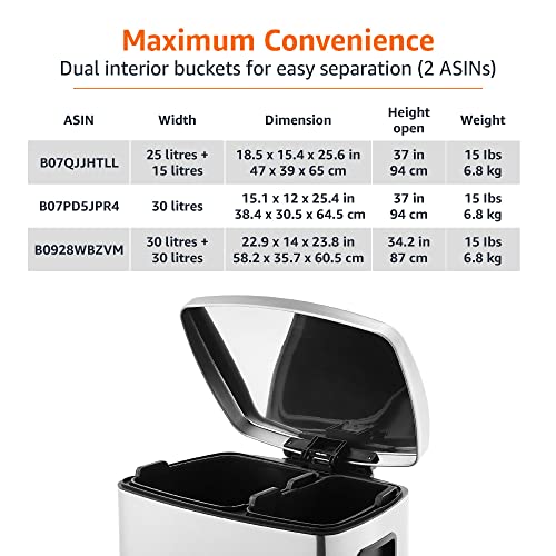 Amazon Basics Dual Compartment Recycling Trash Can with Soft-Close Lid, Fingerprint Resistant, Removable Liner Buckets, 60 Liters, Rectangular, Grey, Silver