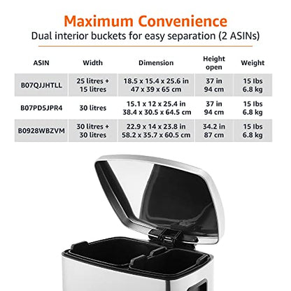 Amazon Basics Dual Compartment Recycling Trash Can with Soft-Close Lid, Fingerprint Resistant, Removable Liner Buckets, 60 Liters, Rectangular, Grey, Silver