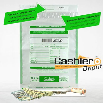 100 Cashier Depot - Tamper Evident Bank Deposit Bags, 12 x 16 Inches, White, 100 Count, Press & Seal Void Closure, Serialized Numbering with Barcode, Made in USA