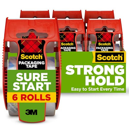 Scotch Sure Start Packing Tape, Clear, Quiet Unwind and Easy Start, Moving Supplies, 1.88 in. x 22.2 yd., 6 Tape Rolls with Dispensers - size: Case