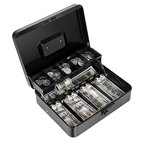 Cash Box with Money Tray and Combination Lock, Metal Money Box for Cash Register, Tiered Lock Box for Money 11.8" x 9.4" x 3.54" Black - color: Black with Combination Lock