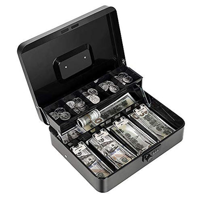Cash Box with Money Tray and Combination Lock, Metal Money Box for Cash Register, Tiered Lock Box for Money 11.8" x 9.4" x 3.54" Black - color: Black with Combination Lock