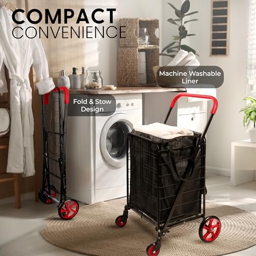 SereneLife Small Compact Folding Shopping Cart with Removable Waterproof Liner – 360° Swivel Wheels, Rust‑Proof Steel Frame, 70 lb Capacity – Portable Grocery, Laundry & Travel Cart (Red) - color: Red