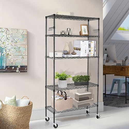 BolDuck 5 Tier Storage Shelves with Wheels, 1750lbs Capacity Heavy Duty Shelving Units, 14x36x75inch Adjustable Metal Shelf Wire Shelving Rack for Garage, Kitchen, Office, Black - size: 5 Tier Shelf