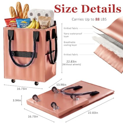 Reusable Grocery Bag on Wheel, Foldable Shopping Cart with Wheels, Can Carry up to 88 Pounds, Suitable for Groceries, Laundry, Camping and Moving. - color: Rose Gold - Medium