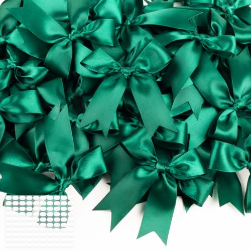 Hunter Green Bows 60 Pcs 3.5 Inch Pre-Tied Satin Ribbon Bows, Adhesive Dots - color: Hunter Green, size: 60 PCS