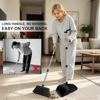 TNELTUEB Broom and Dustpan Set, 51" Long Handle Broom with Built-in Comb - color: Black, size: Standard