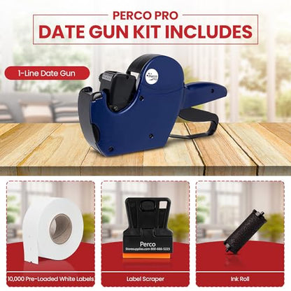 Perco Pro 1 Line Date Label Gun Kit, Includes 8 Digits Date Gun Labeler, 10,000 Plain White Labels, and Preloaded Inker - style: 1 Line Date Gun Kit
