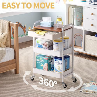 TOOLF 3 Tier Rolling Cart with Drawer, Metal Utility Storage Cart, White - color: White