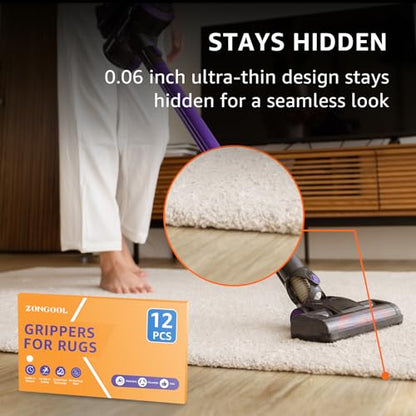 ZONGOOL 12PCS Rug Tape Non Slip Rug Pad Grippers Double Sided Carpet Tape - color: White