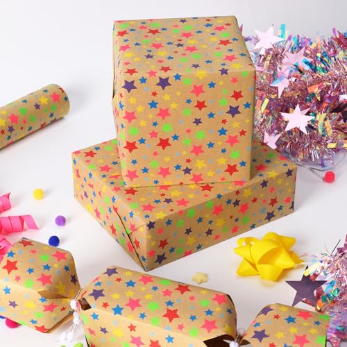 BIOBROWN Kraft Happy Birthday Wrapping Paper Roll, Colorful Balloon & Star - color: Kraft&Letter
