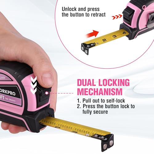 WORKPRO 25FT Pink Tape Measure, Dual Lock Measuring Tape - Pink Ribbon
