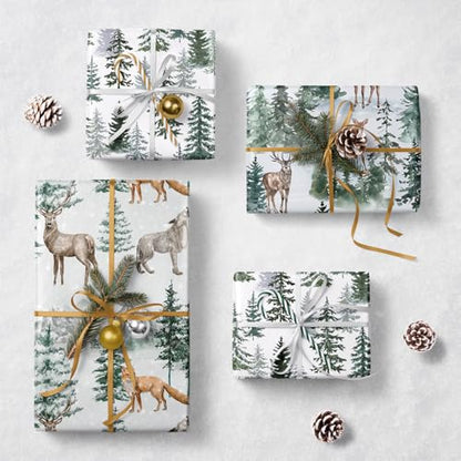 WRAPAHOLIC Kraft Christmas Wrapping Paper Roll - Mini Roll - 3 Rolls - 17 Inch x 120 Inch Per Roll - Watercolor Elk, Wild Animal and Winter Forest Landscape Holiday Collection - color: Blue Wild Animals