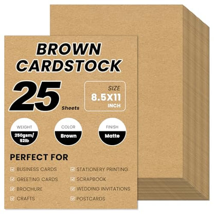 25 Sheets Brown Cardstock 8.5 x 11, 92lb/250gsm Kraft Card Stock Paper