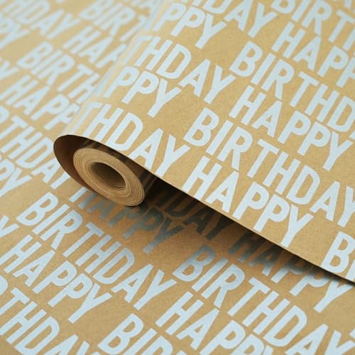 MAMUNU Birthday Wrapping Paper Roll, Silver and Brown Kraft Happy Birthday Wrapping Paper Jumbo Roll for Boys Girls Women Men, 17x590 inch (70 sq. ft.) - color: Silver