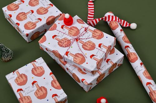 Sikiweiter Funny Christmas Wrapping Paper Roll- 17" x 16.5 Feet - Middle Finger Santa Hat Funny Christmas Gift Wrap for Men Women(Christmas) - color: Funny Christmas