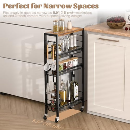 Narrow Storage Cart with Wheels,4-Tier Narrow Kitchen Carts Slim Rolling Cart,Skinny Storage Cart for Small Spaces,Rolling Utility Cart for Livingroom,Diningroom,Office,Laundry Room,Bathroom - size: 6.0"D x 15.4"W x 31.5"H