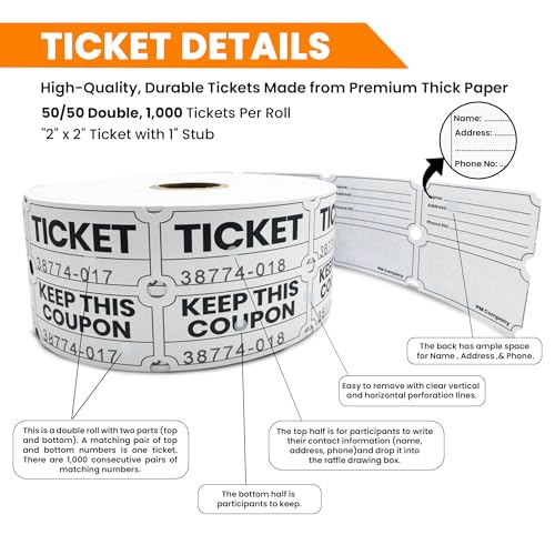 PM Company 2000 Pcs (1000 Pairs) Raffle Tickets Double Roll, 50/50 White - color: White