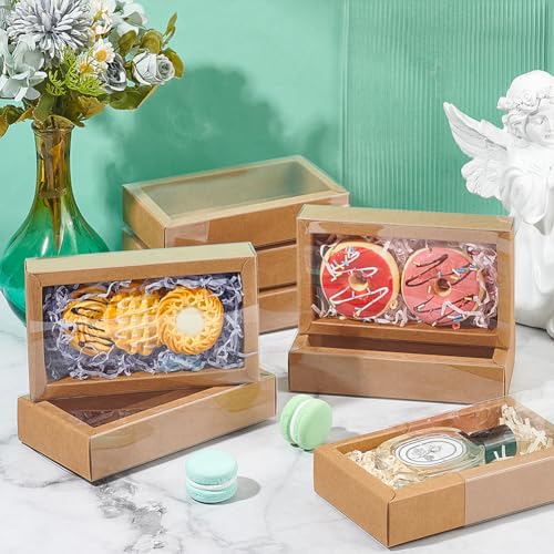 NBEADS 12 Pcs Rectangle Drawer Kraft Boxes, 6.3x3.54x1.26 Inch Gift Packaging Case Foldable Paper Drawer Boxes with Clear Plastic Cover for Party Favor Treats Candy and Jewelry Crafts, Burlywood - color: Burlywood