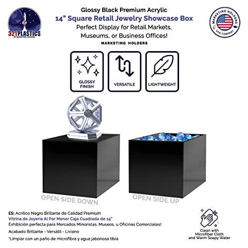 Marketing Holders 14" Acrylic Display Riser Box with One Open Side Versatile Black Square One Piece Retail Merchandise Storage Bin or Product Platform No Assembly - size: 14"w x 14"d x 14"h Black