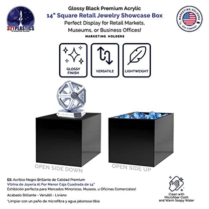 Marketing Holders 14" Acrylic Display Riser Box with One Open Side Versatile Black Square One Piece Retail Merchandise Storage Bin or Product Platform No Assembly - size: 14"w x 14"d x 14"h Black