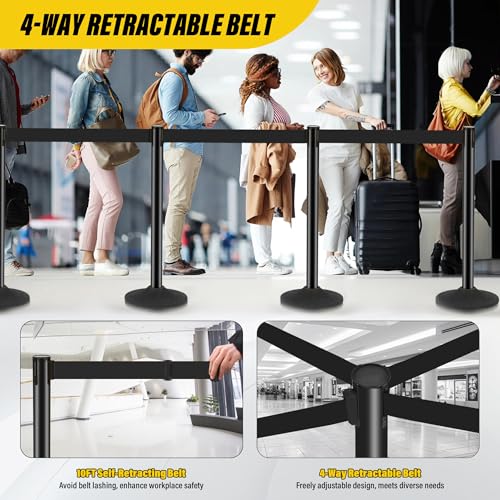 STARSIGNS 6 Pack Crowd Control Barriers - Weighted Base Stanchions with 10 Feet Retractable Belts Black Stanchion Posts Set for Retail, Banks, Public Spaces - color: Black- 6 Packs