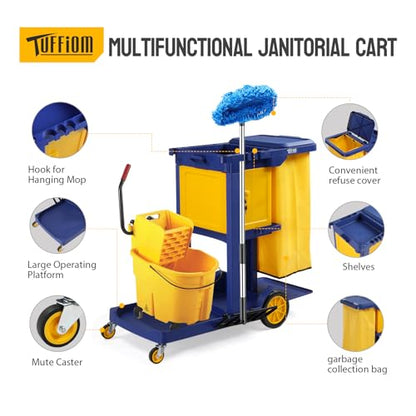 TUFFIOM Multifunctional Janitorial Cart with Key-Locking Cabinet,Cleaning Carts on Wheels,with 15 Gallon Collection Bag,500 lbs Capacity, Yellow&Blue - color: Blue