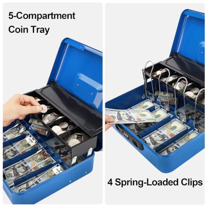 Jssmst Metal Cash Box with Money Tray and Lock, Portable Cash Drawer, 11.8" - color: Blue Code-B