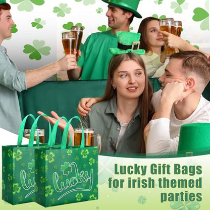 Abbylike St Patrick's Day Lucky Reusable Non Woven Goodie Bags Green - style: Lucky