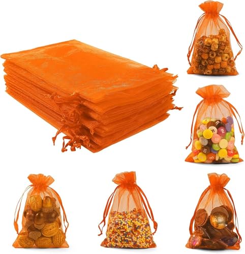 ANZNKU 50 PCS Organza Bags 5 x 7, Orange Small Mesh Gift Bags Drawstring - color: Orange