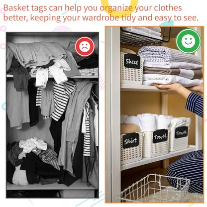 Basket Labels Clip On Set:16 Pcs Plastic Removable Labels with 1 Pcs White Chalk Marker for Storage Bins,Kitchen Pantry,Fabri Box,Hanging Bin