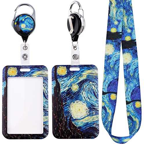 Blue Art ID Badge Holder Lanyard & Retractable Badge Reel Clip Cool Van Gogh Keychain for Women Men Girls for Keys ID Badges Nurse Neck School Lanyard ID Holder - color: Van Gogh
