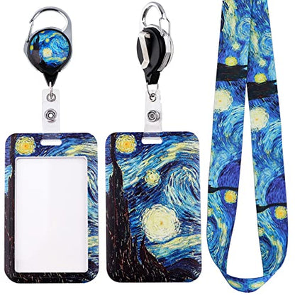 Blue Art ID Badge Holder Lanyard & Retractable Badge Reel Clip Cool Van Gogh Keychain for Women Men Girls for Keys ID Badges Nurse Neck School Lanyard ID Holder - color: Van Gogh