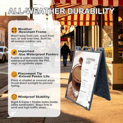 24"x36" A Frame Sign Sandwich Board Signs Outdoor, Double-Sided Heavy Duty Outdoor Large Signboard Portable Folding Poster Frame with Sand Fill Holes, Weather Resistant for Store, Cafés, Weddings, Street advertising
