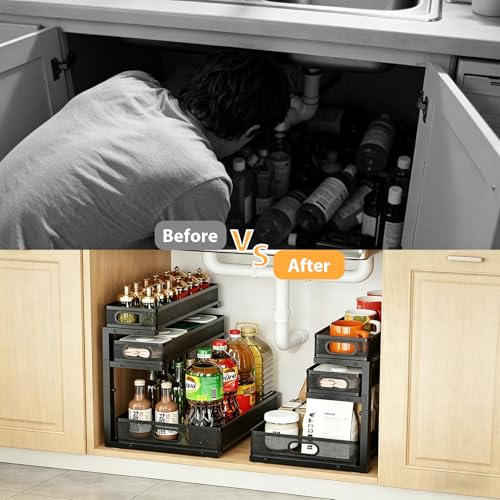 2 Pack Under Sink Organizer, 3-Tier Pull Out Cabinet Organizer and Storage - color: 3-Tier-Black