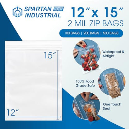 Spartan Industrial - 12" X 15" (100 Count) 2 Mil Clear Reclosable Zip Plastic Poly Bags with Resealable Lock Seal Zipper - size: 12” X 15”