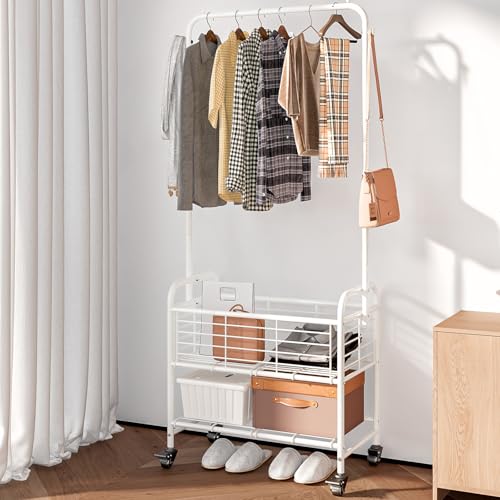 SUOERNUO Laundry Cart with Basket Hanging Rack Sorter with Wheels Shelf - color: White