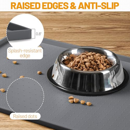 Hubulk Dog Feeding Mat,100% Waterproof Food Grade Silicone Pet Food and Water Bowl Placemat,Dishwasher, High Raised Edge to Prevent Spills,Nonslip Tray to Stop Messes on Floor（28"x18"x0.8", Grey） - color: Grey, size: 28"l X 18"w