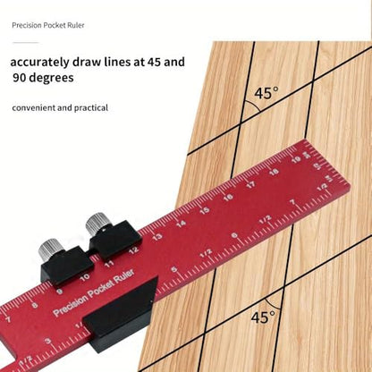 Precision Pocket Rule Metal Slide Stop Marking Ruler Metric Inch Measuring Working Scribing Measure Tools - Aluminum Alloy-300mm - color: Red, size: 300mm