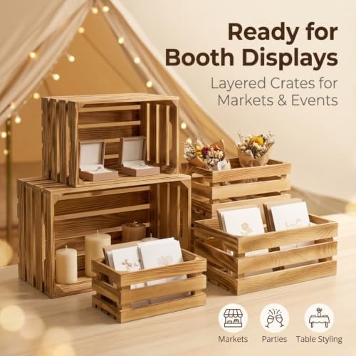 Wooden Crates for Display 6 Pack, Rustic Nesting Wood Crates