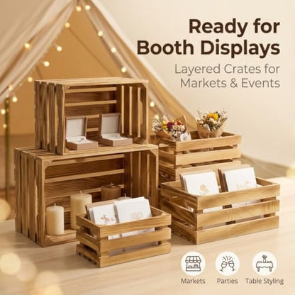 Wooden Crates for Display 6 Pack, Rustic Nesting Wood Crates