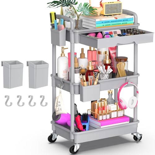 Goovilla 3 Tier Rolling Utility Cart Organizer with Removable Drawer, Grey - size: 3 Tier, style: Gray