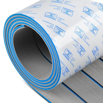 OCEANBROAD Boat Flooring EVA Foam Self-Adhesive Faux Teak Marine Decking - color: Gray with Blue Lines, size: 48''L x 16.8''W-5.6sqft