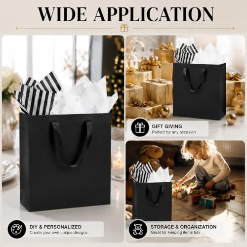 Offizon 12 PCS Black Gift Bags in 3 Sizes with Stripe Tissue - color: 3 Sizes-Black-12PCS