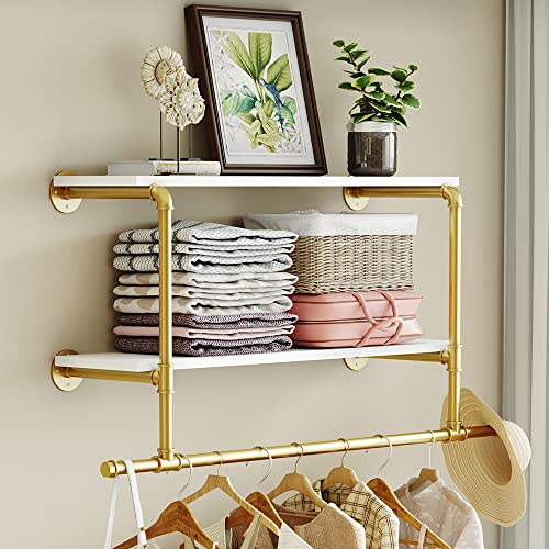 Gold Wall Mounted Clothes Rack with 2 Tier Shelves, 42" Long, Heavy Duty Iron and Wood Construction, Ideal for Clothes, Laundry Room - color: Gold, size: 42"L