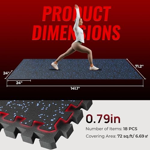 SUPERJARE 0.79'' Extra-Thick 18 Pcs 72 Sq Ft Exercise Equipment Mats - color: Black/Blue, size: 18 Tiles (72 Sq Ft)