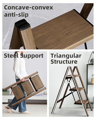 HillhutApex 3 Step Stool Foldable Ladder,Aluminum Step Ladder - color: Walnut