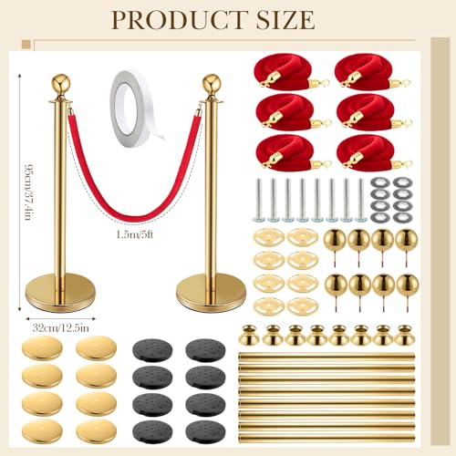Pelopy 8sets Stanchion Posts Queue Crowd Control Stanchion Velvet Ropes Carpet Set, 38 in Post Sand Injection Hollow Base with Rope for Party Museum (32 ft Carpet,Gold,Red) - color: Gold, Red, size: 32 ft Carpet